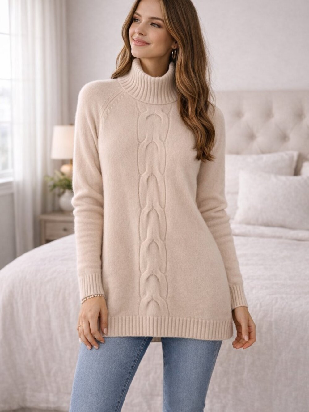 Garnet Hill Cable-Detail Cashmere Tunic Sweater Sz S